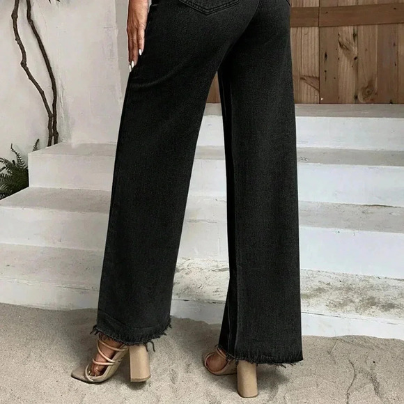 Black Casual Women's Solid Wide Leg Jeans - Picture 3 of 5